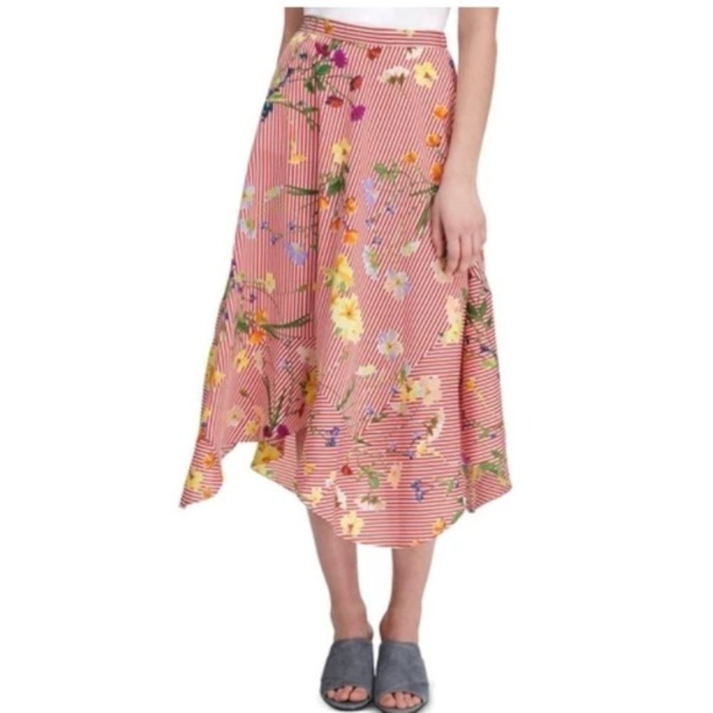 Calvin Klein red striped floral asymmetrical handkerchief hem skirt plus Size 2X